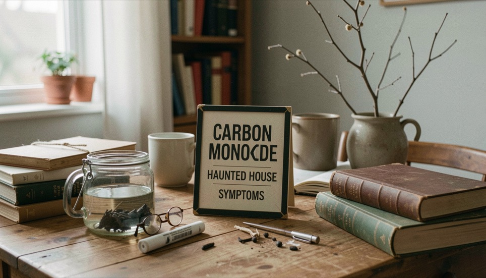 An editorial field-note scene for Carbon Monoxide and Haunted House Symptoms with ordinary objects, soft light, and no staged evidence