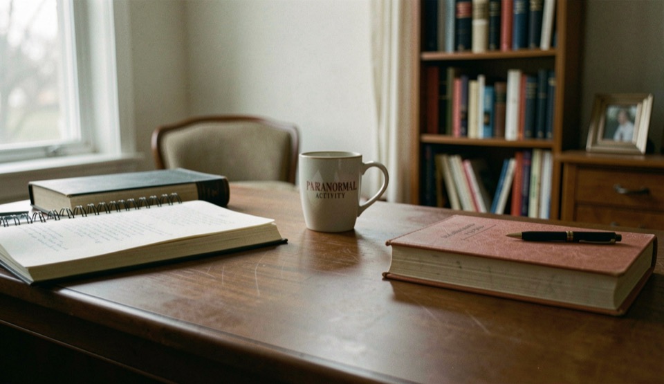 An editorial field-note scene for Paranormal Activity Log with ordinary objects, soft light, and no staged evidence