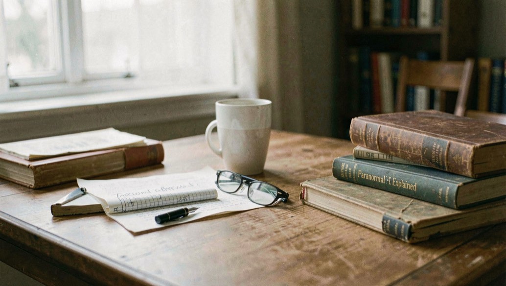 An editorial field-note scene for Paranormal Evidence Explained with ordinary objects, soft light, and no staged evidence